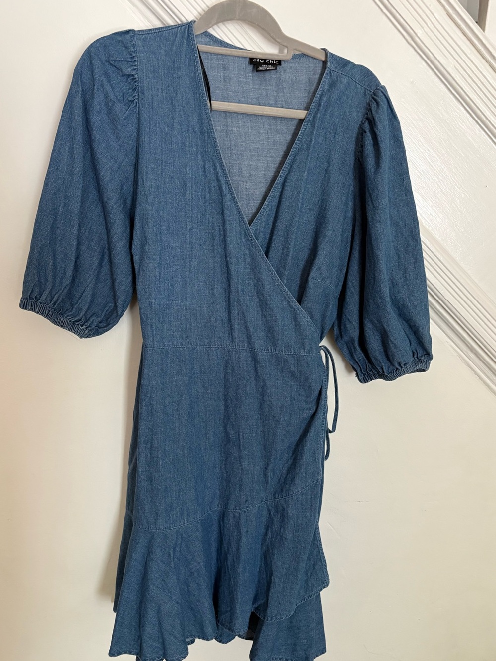 City Chic Denim Wrap Mini Dress in Blue